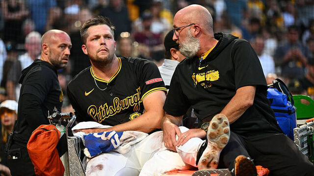 PITTSBURGH, PENNSYLVANIA - AUGUST 24: Hunter Stratton #63 of the Pittsburgh Pirates is carted off the field after an apparent injury in the fourth inning during the game against the Cincinnati Reds at PNC Park on August 24, 2024 in Pittsburgh, Pennsylvania.