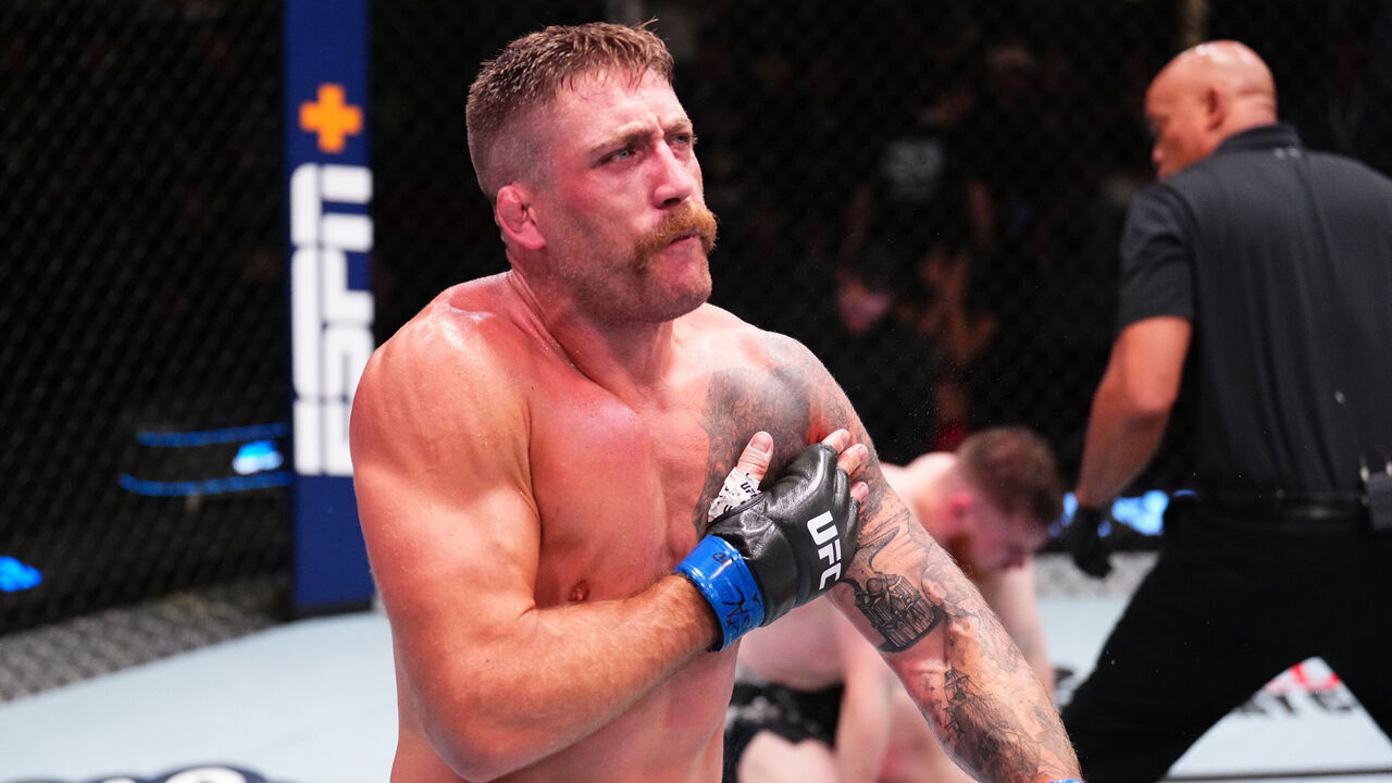LAS VEGAS, NEVADA - AUGUST 24: Gerald Meerschaert reacts after his submission victory against Edmen Shahbazyan in a middleweight fight during the UFC Fight Night event at UFC APEX on August 24, 2024 in Las Vegas, Nevada.