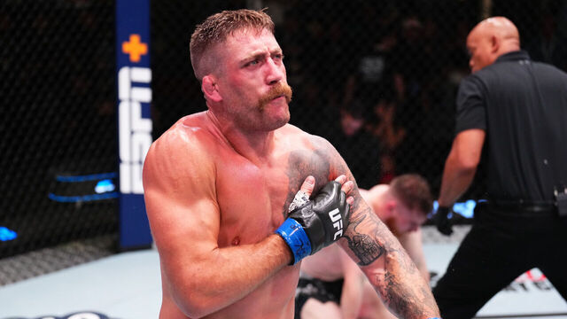 LAS VEGAS, NEVADA - AUGUST 24: Gerald Meerschaert reacts after his submission victory against Edmen Shahbazyan in a middleweight fight during the UFC Fight Night event at UFC APEX on August 24, 2024 in Las Vegas, Nevada.