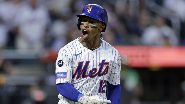 NEW YORK, NY - AUGUST 14: Francisco Lindor #12 of the New York Mets reacts after hitting a home run during the third inning against the Oakland Athletics at Citi Field on August 14, 2024 in New York City.