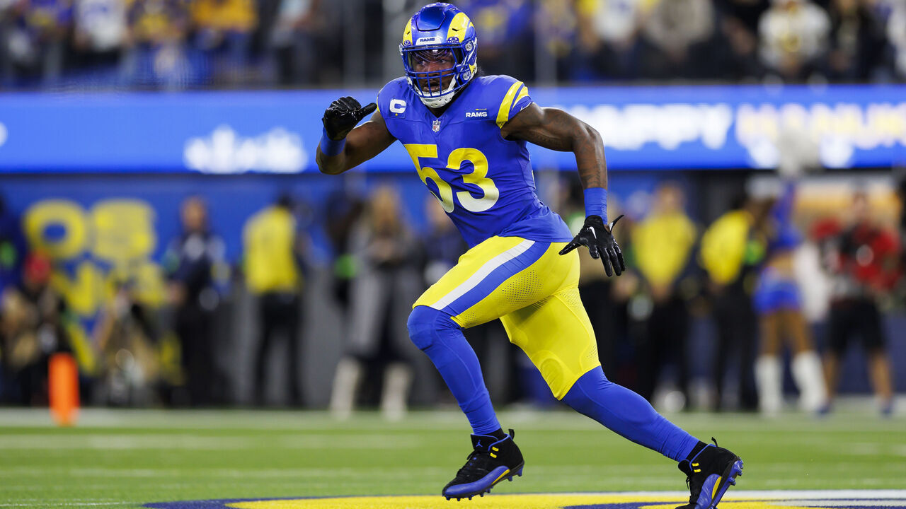 INGLEWOOD, CA - DECEMBER 21: Ernest Jones #53 of the Los Angeles Rams defends during an NFL game against the New Orleans Saints at SoFi Stadium on December 21, 2023 in Inglewood, California.