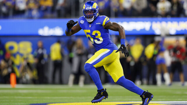 INGLEWOOD, CA - DECEMBER 21: Ernest Jones #53 of the Los Angeles Rams defends during an NFL game against the New Orleans Saints at SoFi Stadium on December 21, 2023 in Inglewood, California.