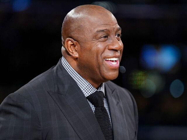 LOS ANGELES, CA - MARCH 5: ESPN Analyst, Magic Johnson looks on before the game between the Golden State Warriors and Los Angeles Lakers on March 5, 2022 at Crypto.Com Arena in Los Angeles, California. NOTE TO USER: User expressly acknowledges and agrees that, by downloading and/or using this Photograph, user is consenting to the terms and conditions of the Getty Images License Agreement. Mandatory Copyright Notice: Copyright 2022 NBAE