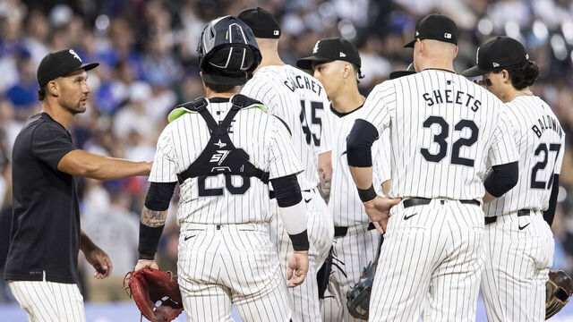 CHICAGO, ILLINOIS - AUGUST 09: Chicago White Sox Interim Manager Grady Sizemore visits the mound in the third inning against the Chicago Cubs at Guaranteed Rate Field on August 09, 2024 in Chicago, Illinois.