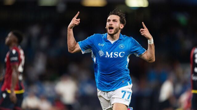 NAPLES, ITALY - AUGUST 25: SSC Napoli player Khvicha Kvaratskhelia celebrates his goal during the Serie A match between SSC Napoli and Bologna FC at Diego Armando Maradona Stadium on August 25, 2024 in Napoli, Italy.