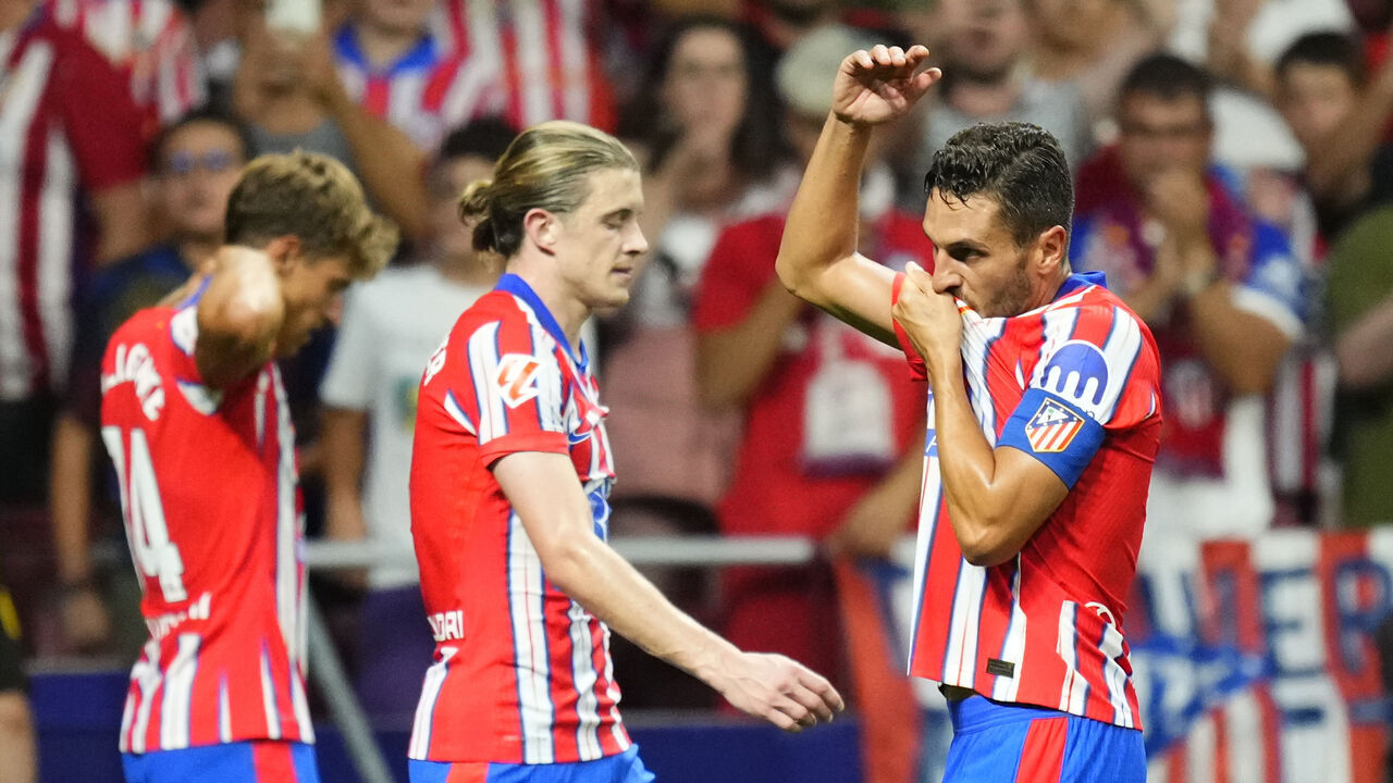 Koke Resurreccion central midfield of Atletico de Madrid and Spain celebrates after scoring his sides first goal during the LaLiga EA Sports match between Atletico de Madrid and Girona FC at Estadio Civitas Metropolitano on August 25, 2024 in Madrid, Spain.