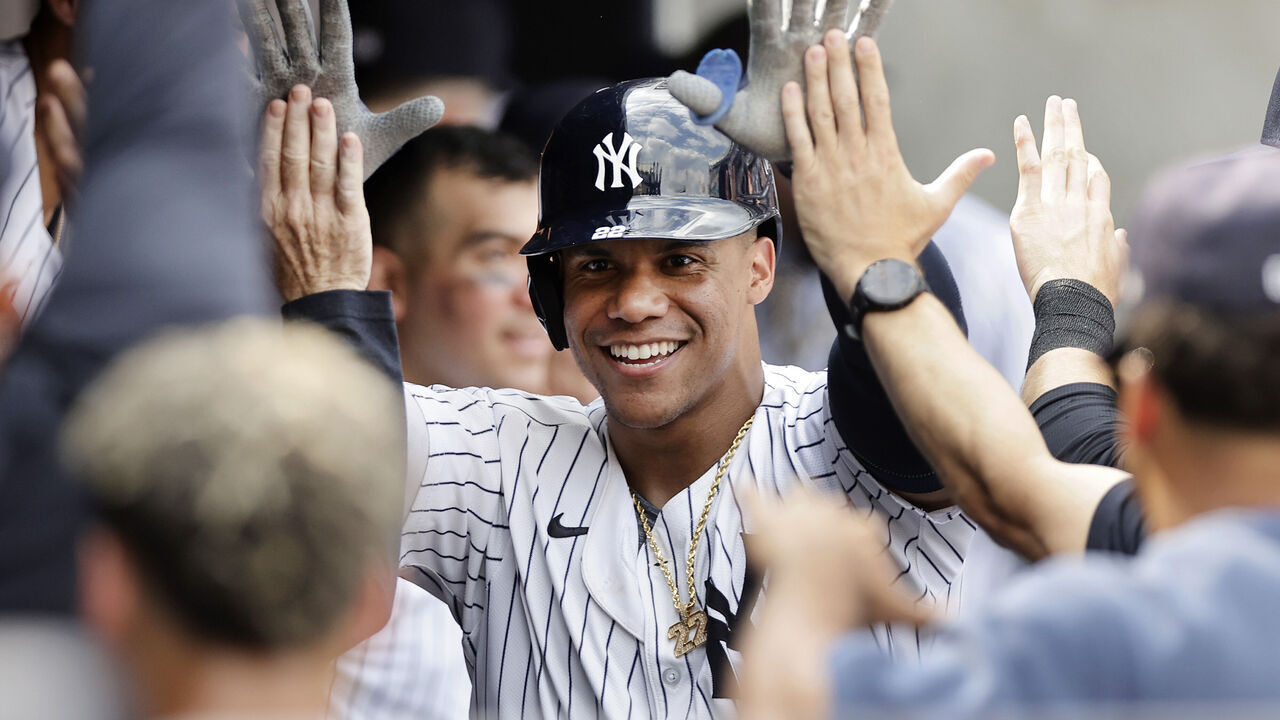 NEW YORK, NEW YORK - AUGUST 25: Juan Soto #22 of the New York Yankees celebrates his seventh inning home run against the Colorado Rockies at Yankee Stadium on August 25, 2024 in New York City. The Yankees defeated the Rockies 10-3.