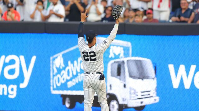 NEW YORK, NEW YORK - AUGUST 23: Juan Soto #22 of the New York Yankees in action against the Colorado Rockies at Yankee Stadium on August 23, 2024 in New York City. New York Yankees defeated the Colorado Rockies 3-0.
