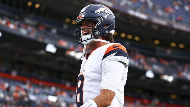 DENVER, COLORADO - AUGUST 18: Jarrett Stidham #8 of the Denver Broncos warms up before the preseason game against the Green Bay Packers at Empower Field At Mile High on August 18, 2024 in Denver, Colorado.