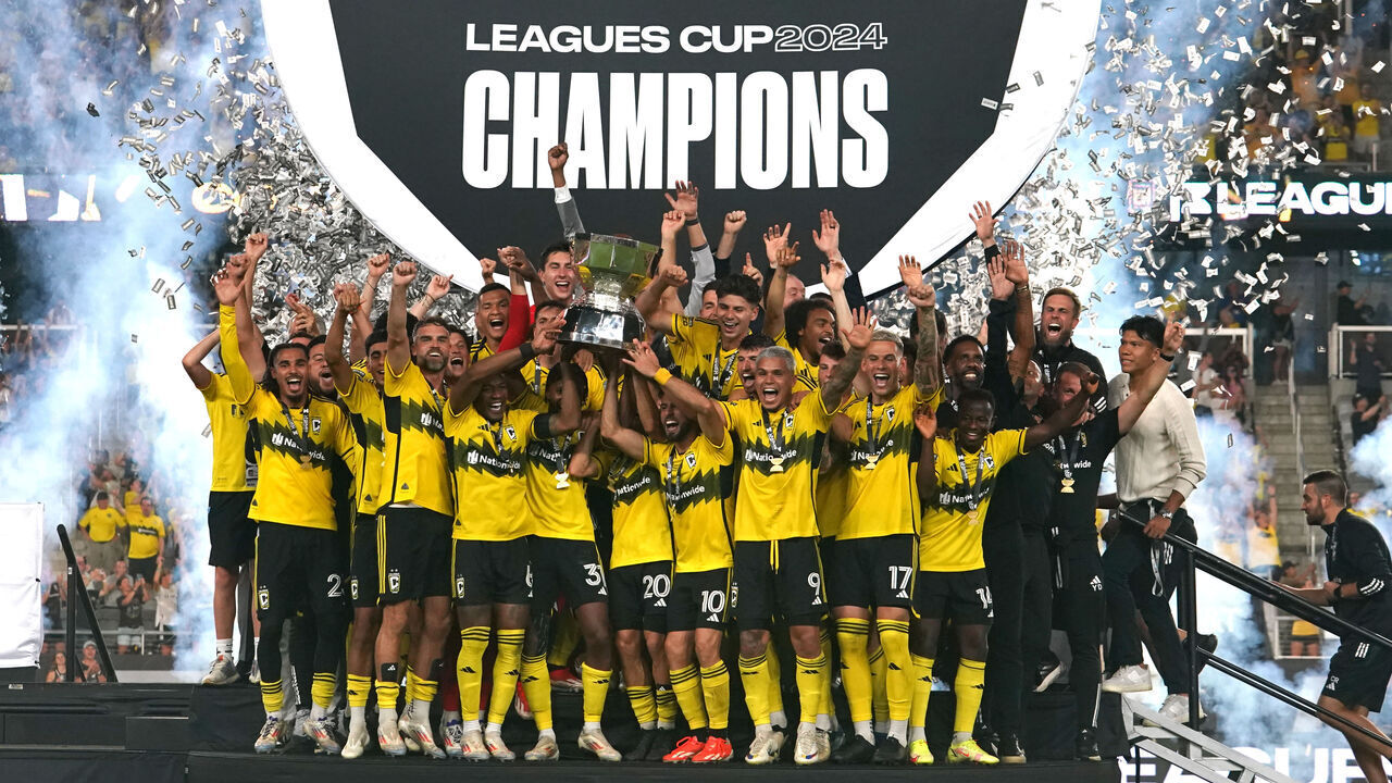 COLUMBUS, OHIO - AUGUST 25: Columbus Crew lift the Leagues Cup trophy after the Leagues Cup 2024 Final against the Los Angeles FC at Lower.com Field on August 25, 2024 in Columbus, Ohio. Columbus Crew won 3-1.