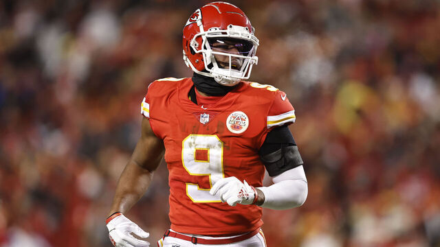 KANSAS CITY, MISSOURI - JANUARY 29: JuJu Smith-Schuster #9 of the Kansas City Chiefs runs during the AFC Championship NFL football game between the Kansas City Chiefs and the Cincinnati Bengals at GEHA Field at Arrowhead Stadium on January 29, 2023 in Kansas City, Missouri.