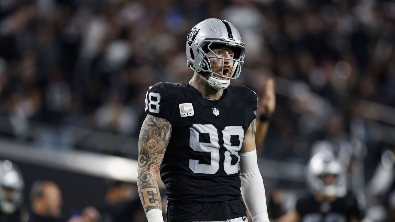LAS VEGAS, NEVADA - DECEMBER 14: Maxx Crosby #98 of the Las Vegas Raiders celebrates during an NFL football game against the Los Angeles Chargers at Allegiant Stadium on December 14, 2023 in Las Vegas, Nevada.