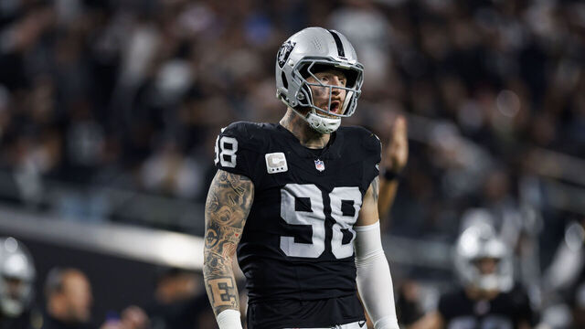 LAS VEGAS, NEVADA - DECEMBER 14: Maxx Crosby #98 of the Las Vegas Raiders celebrates during an NFL football game against the Los Angeles Chargers at Allegiant Stadium on December 14, 2023 in Las Vegas, Nevada.