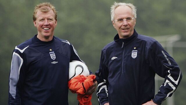 BADEN-BADEN, GERMANY - JUNE 28: Steve McClaren and Sven Goran Eriksson the England head coach watch the team training at England's World Cup base on June 28, 2006 in Baden-Baden, Germany.