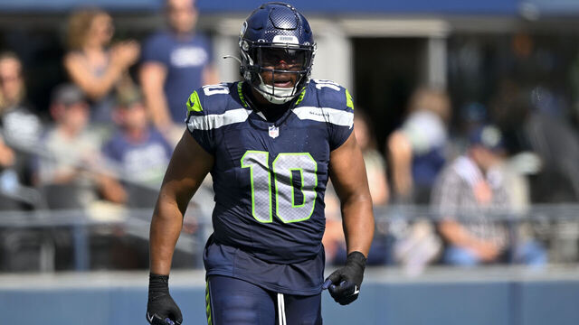 SEATTLE, WASHINGTON - SEPTEMBER 10: Uchenna Nwosu #10 of the Seattle Seahawks looks on during the game against the Los Angeles Rams at Lumen Field on September 10, 2023 in Seattle, Washington. The Los Angeles Rams won 30-13.