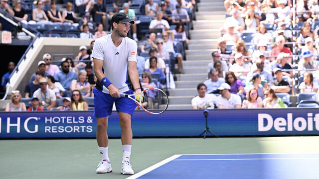 NEW YORK, UNITED STATES - AUGUST 26: Dominic Thiem of Austria in action against Ben Shelton (not seen) of USA during their Men's Singles first round tennis match on day one of the US Open tennis tournament at the USTA Billie Jean King National Tennis Center in New York, United States on August 26, 2024.