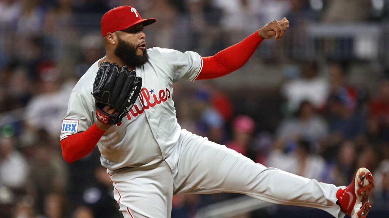 ATLANTA, GA - AUGUST 20: Philadelphia Phillies relief pitcher Jose Alvarado #46 delivers a pitch during the MLB game between the Philadelphia Phillies and the Atlanta Braves on August 20, 2024 at TRUIST Park in Atlanta, GA.