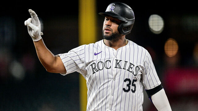 DENVER, COLORADO - AUGUST 6: Elias Diaz #35 of the Colorado Rockies celebrates his eighth inning run-scoring single against the New York Mets at Coors Field on August 6, 2024 in Denver, Colorado.