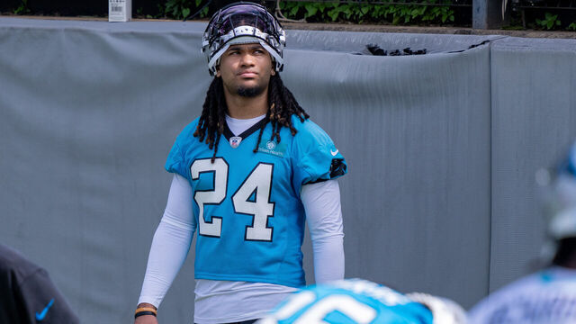 CHARLOTTE, NORTH CAROLINA - MAY 10: Jonathon Brooks #24 of the Carolina Panthers looks on during rookie minicamp on May 10, 2024 in Charlotte, North Carolina.