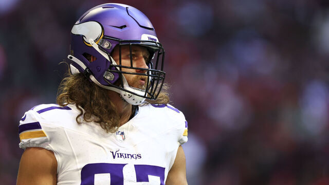ATLANTA, GA - NOVEMBER 5: T.J. Hockenson #87 of the Minnesota Vikings lines up before a play during an NFL football game against the Atlanta Falcons at Mercedes-Benz Stadium on November 5, 2023 in Atlanta, Georgia.