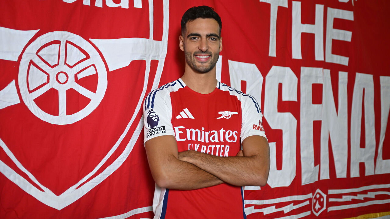 LONDON COLNEY, ENGLAND - AUGUST 27: Arsenal unveil new signing Mikel Merino at Sobha Realty Training Centre on August 27, 2024 in London Colney, England.