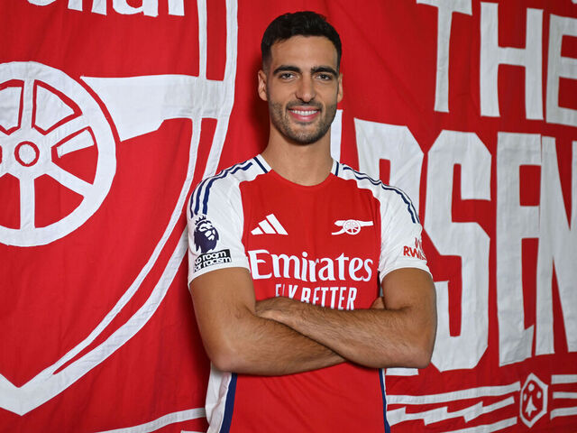 LONDON COLNEY, ENGLAND - AUGUST 27: Arsenal unveil new signing Mikel Merino at Sobha Realty Training Centre on August 27, 2024 in London Colney, England.