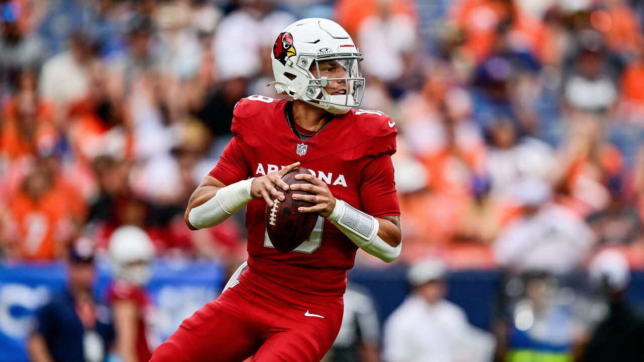 DENVER, COLORADO - AUGUST 25: Desmond Ridder #19 of the Arizona Cardinals sets to pass against the Denver Broncos in the third quarter during the preseason game at Empower Field at Mile High on August 25, 2024 in Denver, Colorado.