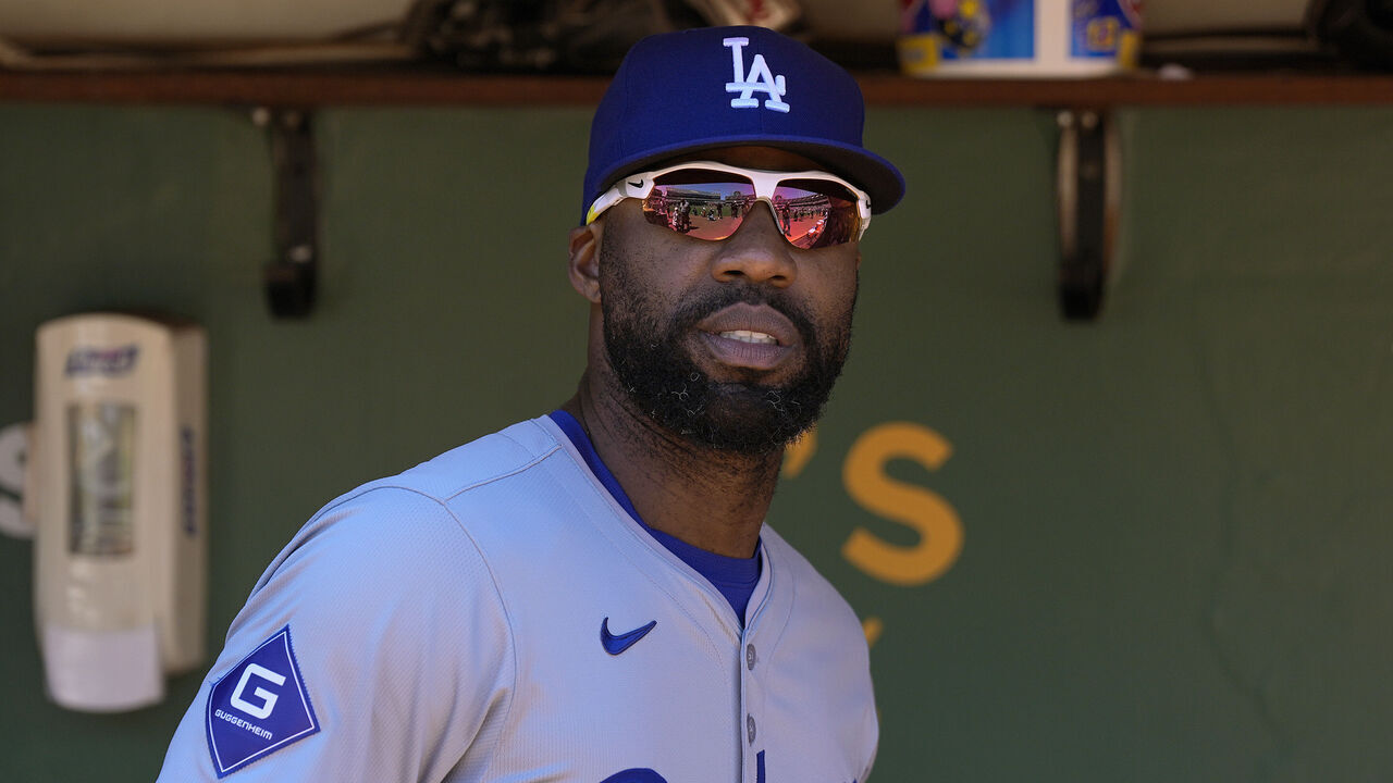 OAKLAND, CALIFORNIA - AUGUST 04: Jason Heyward #23 of the Los Angeles Dodgers looks on from the dugout prior to the start of the game against the Oakland Athletics at the Oakland Coliseum on August 4, 2024 in Oakland, California.