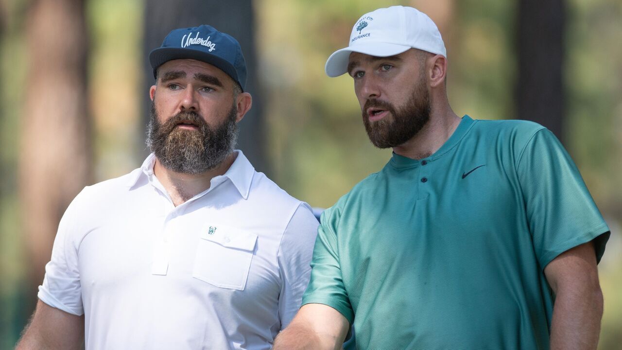 STATELINE, NEVADA - JULY 12: Travis Kelce and Jason Kelce during the ACC Celebrity Golf Championship presented by American Century Investments at Edgewood Tahoe Golf Course on July 12, 2024 in Stateline, Nevada.