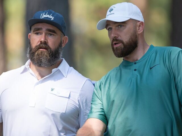 STATELINE, NEVADA - JULY 12: Travis Kelce and Jason Kelce during the ACC Celebrity Golf Championship presented by American Century Investments at Edgewood Tahoe Golf Course on July 12, 2024 in Stateline, Nevada.