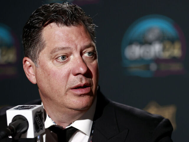 LAS VEGAS, NEVADA - JUNE 28: General Manager Bill Guerin Minnesota Wild speaks with the media before the first round of the 2024 Upper Deck NHL Draft at Sphere on June 28, 2024 in Las Vegas, Nevada.