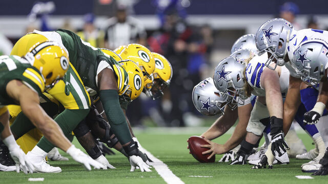 ARLINGTON, TX - JANUARY 14: The Green Bay Packers line up against the Dallas Cowboys during an NFL wild-card playoff football game at AT&T Stadium on January 14, 2024 in Arlington, Texas.