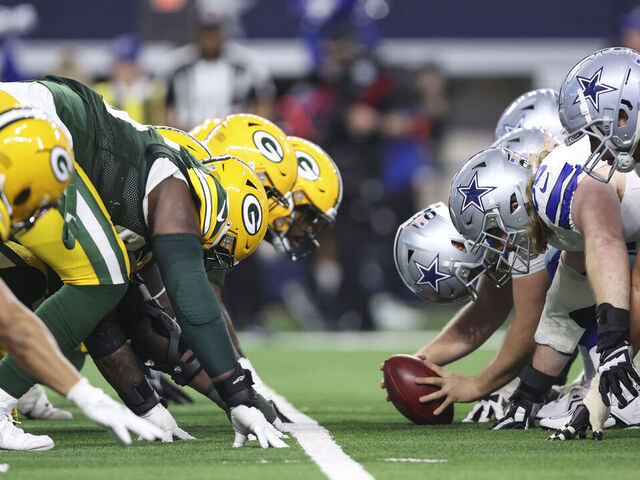 ARLINGTON, TX - JANUARY 14: The Green Bay Packers line up against the Dallas Cowboys during an NFL wild-card playoff football game at AT&T Stadium on January 14, 2024 in Arlington, Texas.