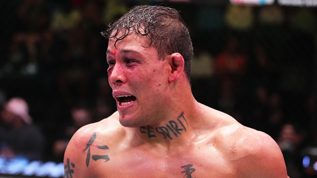 LAS VEGAS, NEVADA - AUGUST 24: Caio Borralho of Brazil reacts after the conclusion of a middleweight fight against Jared Cannonier during the UFC Fight Night event at UFC APEX on August 24, 2024 in Las Vegas, Nevada.