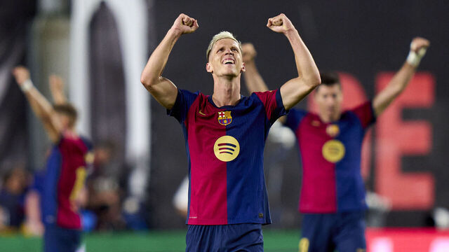 MADRID, SPAIN - AUGUST 27: Dani Olmo of FC Barcelona celebrates victory after the game the La Liga match between Rayo Vallecano and FC Barcelona at Estadio de Vallecas on August 27, 2024 in Madrid, Spain.