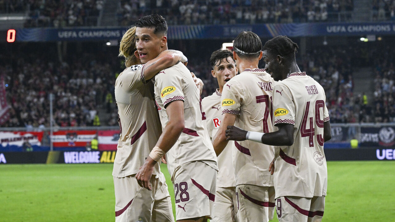 SALZBURG, AUSTRIA - AUGUST 27: Salzburg players celebrate after scoring a goal during the UEFA Champions League Qualifier match between FC Salzburg and Dynamo Kyiv at Red Bull Arena on August 27, 2024 in Salzburg, Austria.