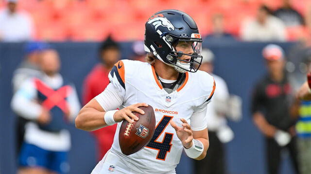 DENVER, CO - AUGUST 25: Denver Broncos quarterback Zach Wilson (4) in action during an NFL preseason game between the Denver Broncos and the Arizona Cardinals at Empower Field at Mile High Stadium in Denver, CO on August 25, 2024.