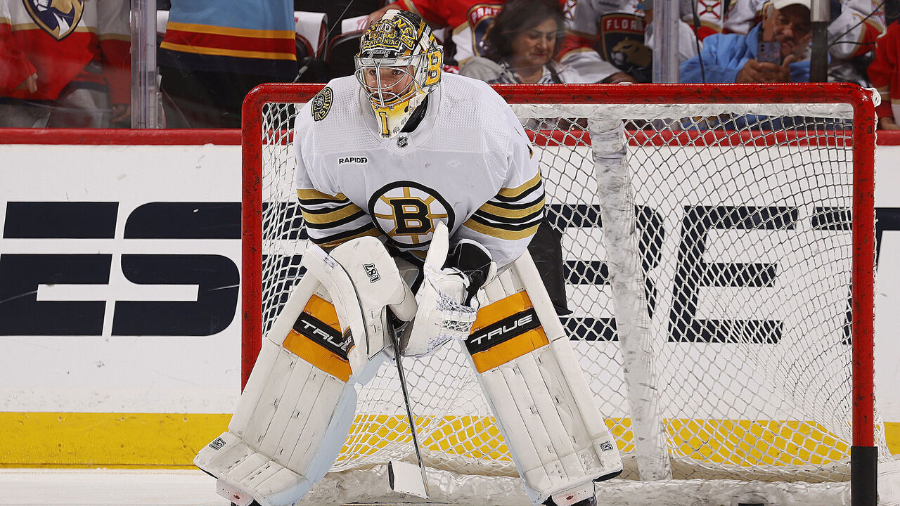 SUNRISE, FLORIDA - MAY 14: Goaltender Jeremy Swayman #1 of the Boston Bruins warms in up in net prior to the start of the game against the Florida Panthers in Game Five of the Second Round of the 2024 Stanley Cup Playoffs at the Amerant Bank Arena on May 14, 2024 in Sunrise, Florida.