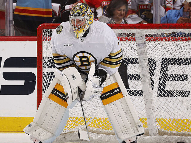 SUNRISE, FLORIDA - MAY 14: Goaltender Jeremy Swayman #1 of the Boston Bruins warms in up in net prior to the start of the game against the Florida Panthers in Game Five of the Second Round of the 2024 Stanley Cup Playoffs at the Amerant Bank Arena on May 14, 2024 in Sunrise, Florida.