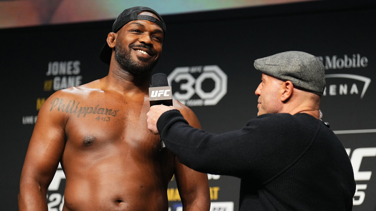 LAS VEGAS, NEVADA - MARCH 03: Jon Jones is interviewed during the UFC 285 ceremonial weigh-in at MGM Grand Garden Arena on March 03, 2023 in Las Vegas, Nevada.