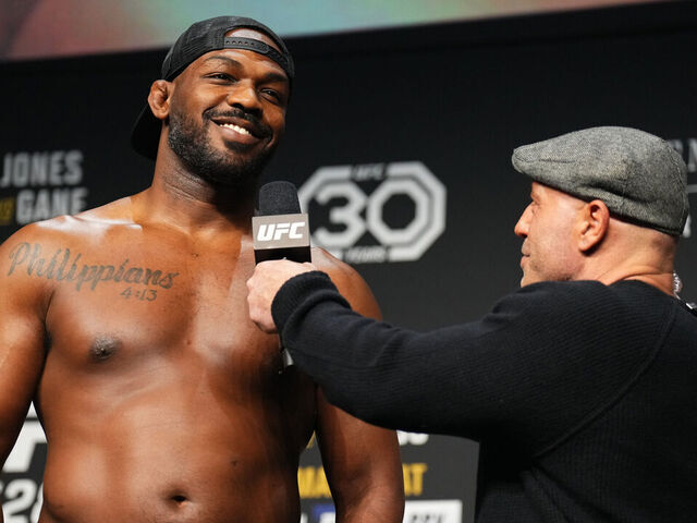 LAS VEGAS, NEVADA - MARCH 03: Jon Jones is interviewed during the UFC 285 ceremonial weigh-in at MGM Grand Garden Arena on March 03, 2023 in Las Vegas, Nevada.