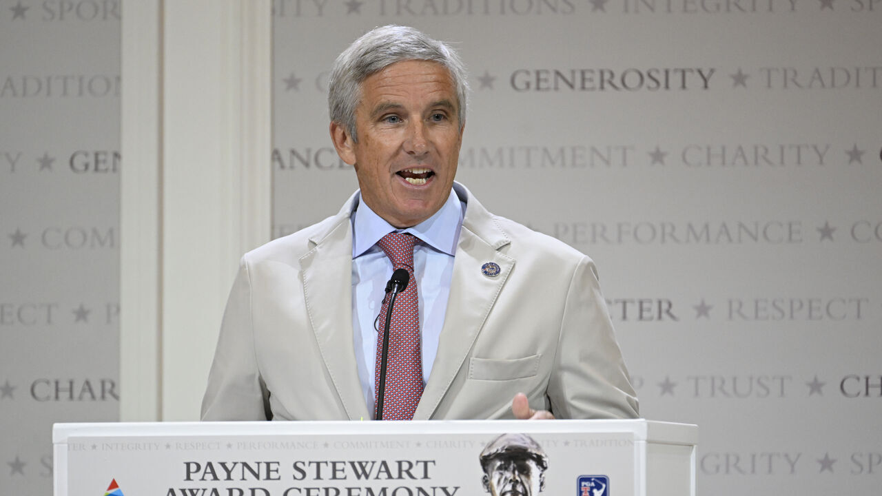 ATLANTA, GEORGIA - AUGUST 27: PGA TOUR Commissioner Jay Monahan speaks during the Payne Stewart Award Ceremony prior to the TOUR Championship at East Lake Golf Club on August 27, 2024 in Atlanta, Georgia.