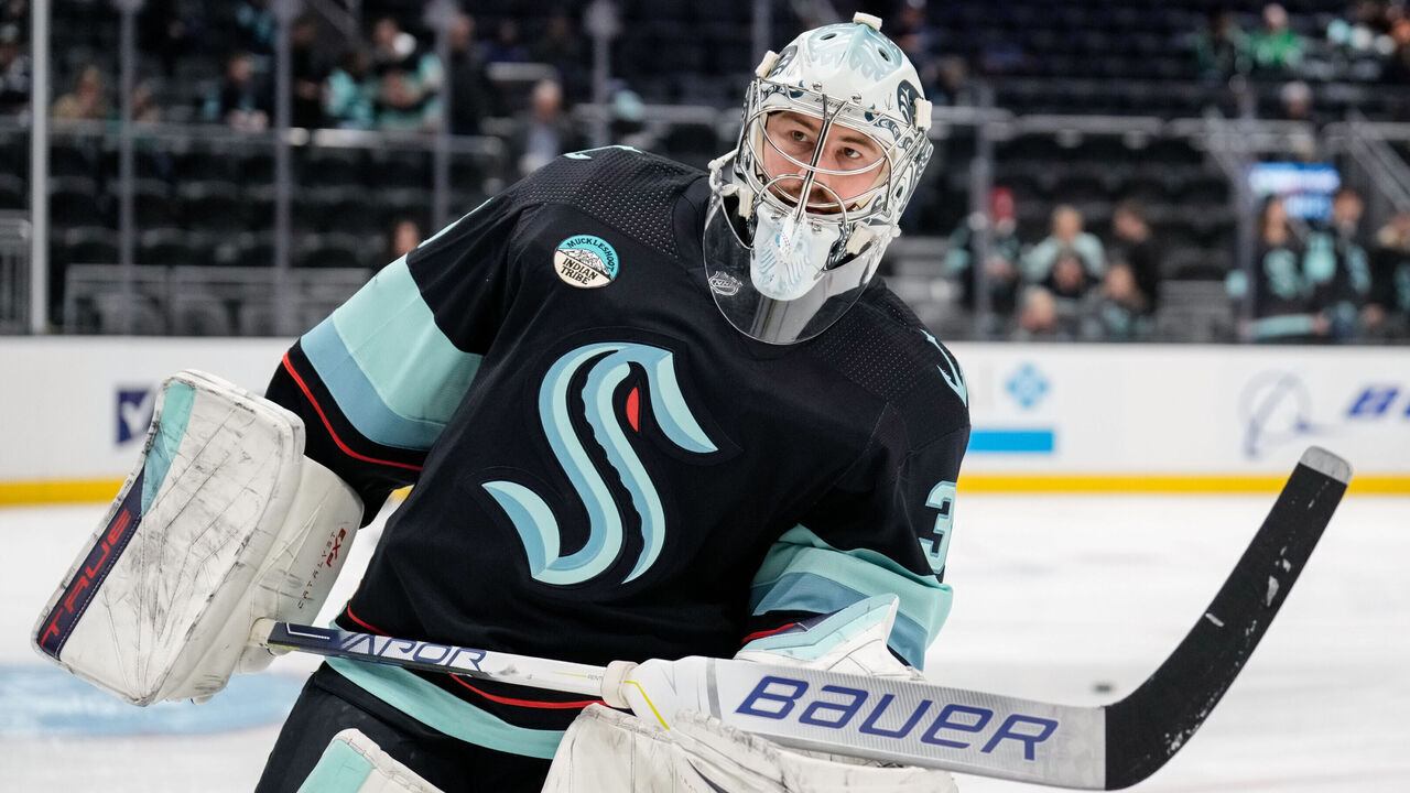 SEATTLE, WASHINGTON - MARCH 30: Philipp Grubauer #31 of the Seattle Kraken skates during warm ups ahead of a game against the Dallas Stars at Climate Pledge Arena on March 30, 2024 in Seattle, Washington.