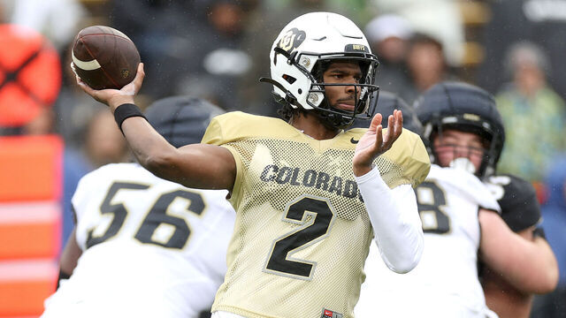BOULDER, COLORADO - APRIL 27: Quarterback Shedeur Sanders #2 of the Colorado Buffaloes throws during their spring game at Folsom Field on April 27, 2024 in Boulder, Colorado.