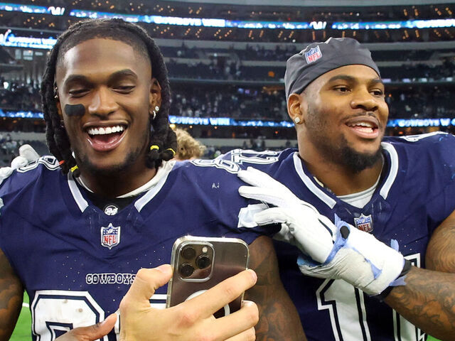 ARLINGTON, TEXAS - OCTOBER 29: CeeDee Lamb #88 and Micah Parsons #11 of the Dallas Cowboys celebrate after the win over the Los Angeles Rams at AT&T Stadium on October 29, 2023 in Arlington, Texas.