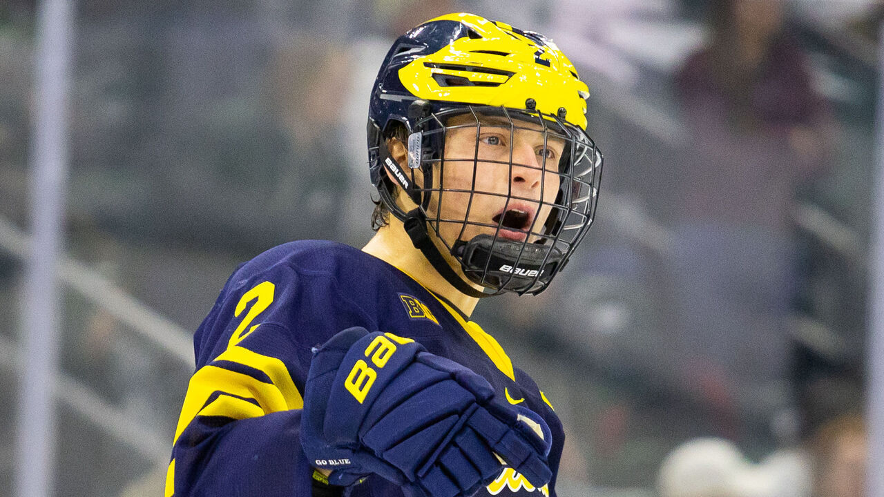 EAST LANSING, MICHIGAN - JANUARY 19: Rutger McGroarty #2 of Michigan yells at one of his teammates during a game between University of Michigan and Michigan State University at Munn Ice Arena on January 19, 2024 in East Lansing, Michigan.