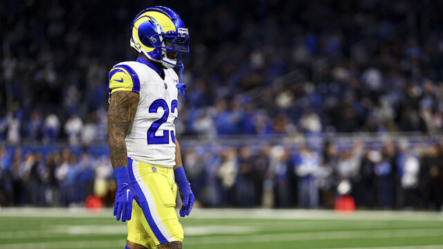 DETROIT, MI - JANUARY 14: Kyren Williams #23 of the Los Angeles Rams warms up prior to an NFL wild-card playoff football game against the Detroit Lions at Ford Field on January 14, 2024 in Detroit, Michigan.