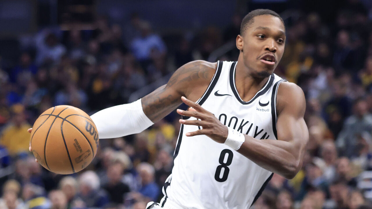 INDIANAPOLIS, INDIANA - MARCH 16: Lonnie Walker IV #8 of the Brooklyn Nets drives to the basket in the game against the Indiana Pacers at Gainbridge Fieldhouse on March 16, 2024 in Indianapolis, Indiana.