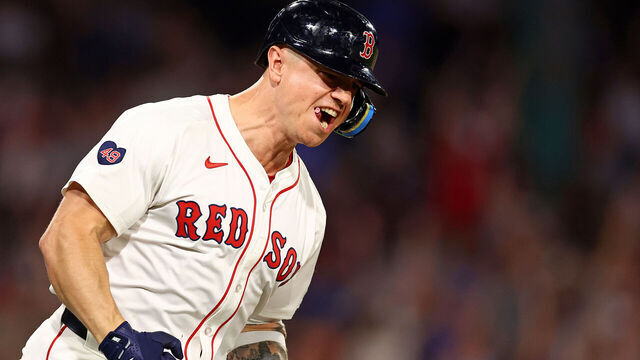 BOSTON, MASSACHUSETTS - AUGUST 28: Tyler O'Neill #17 of the Boston Red Sox celebrates after hitting a two run home run against the Toronto Blue Jays during the eighth inning at Fenway Park on August 28, 2024 in Boston, Massachusetts.