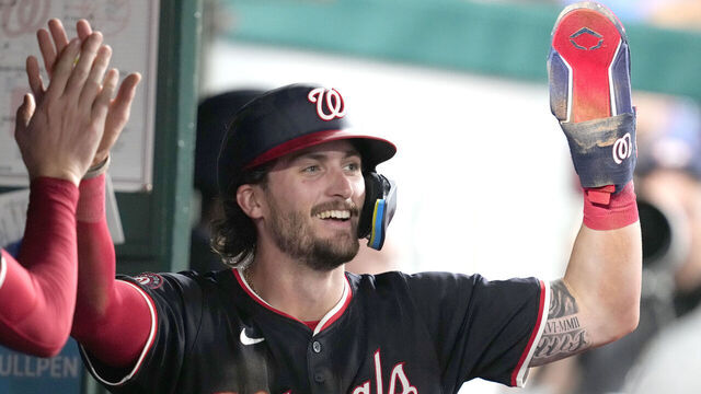 WASHINGTON, DC - AUGUST 27: Dylan Crews #3 of the Washington Nationals celebrates scoring a run during a baseball game against the New York Yankees at Nationals Park on August 27, 2024 in Washington, DC.